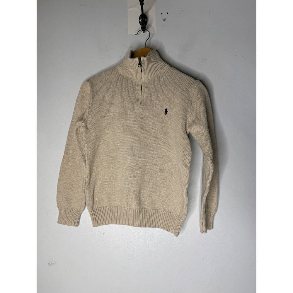Polo Ralph Lauren Boys Beige Cotton Quarter Zip Sweater Shaker Knit Pony Size M